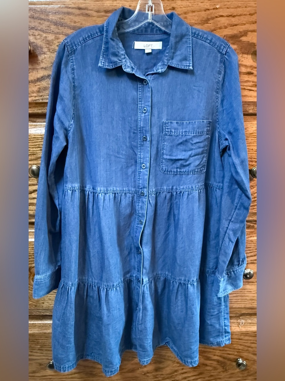 LOFT Blue Chambray Tiered Button-Front Shirt Dress